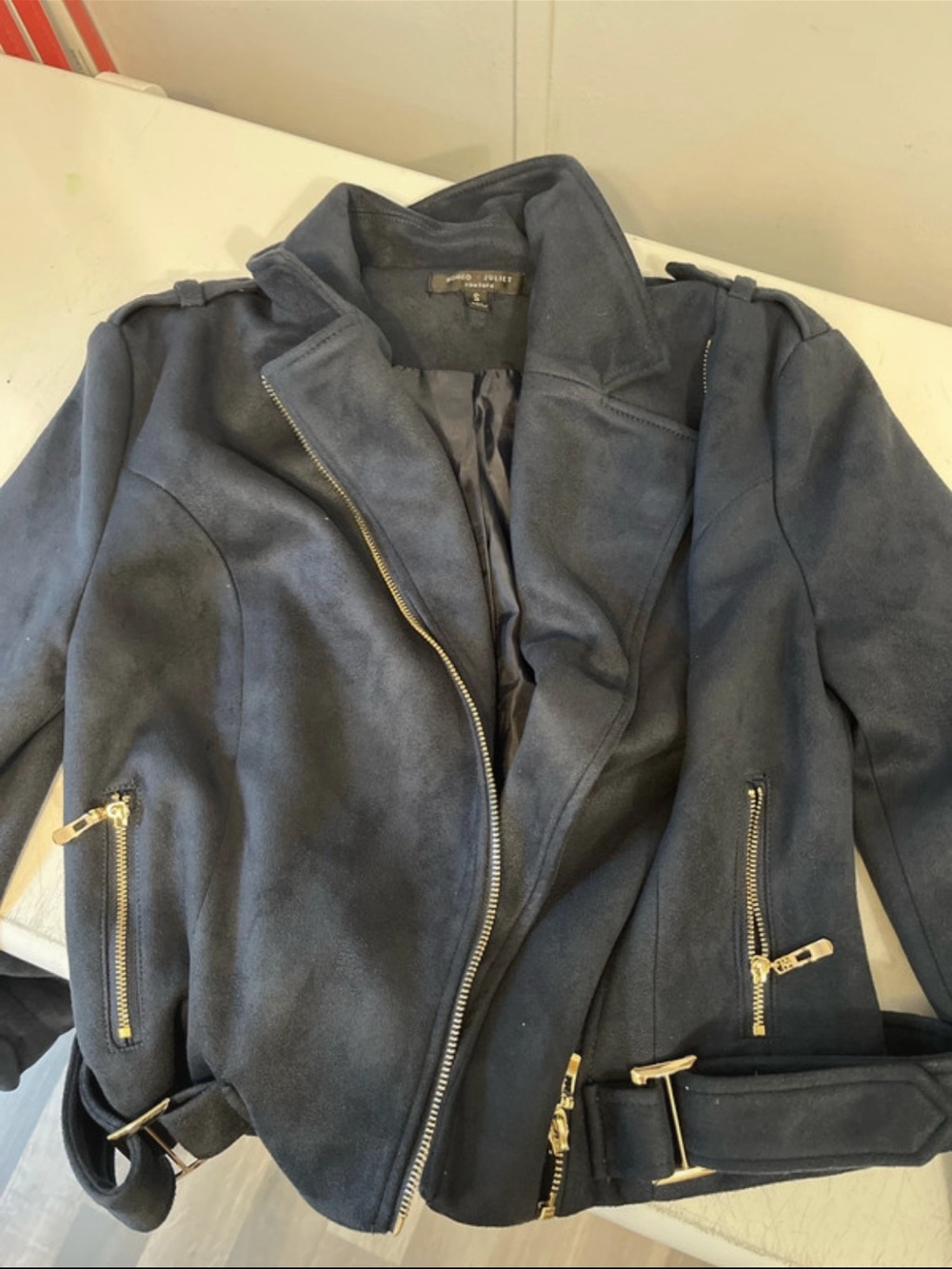 Romeo & Juliet Couture Navy Faux Suede Moto Jacket with Gold Hardware
